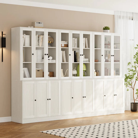 5-Tier Modern Bookshelves With 3 Large Drawer And Glass Door