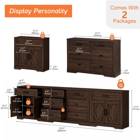 Glenford 110.2"W Large Modern Farmhouse Office Storage Cabinet With Barn Doors & Drawers