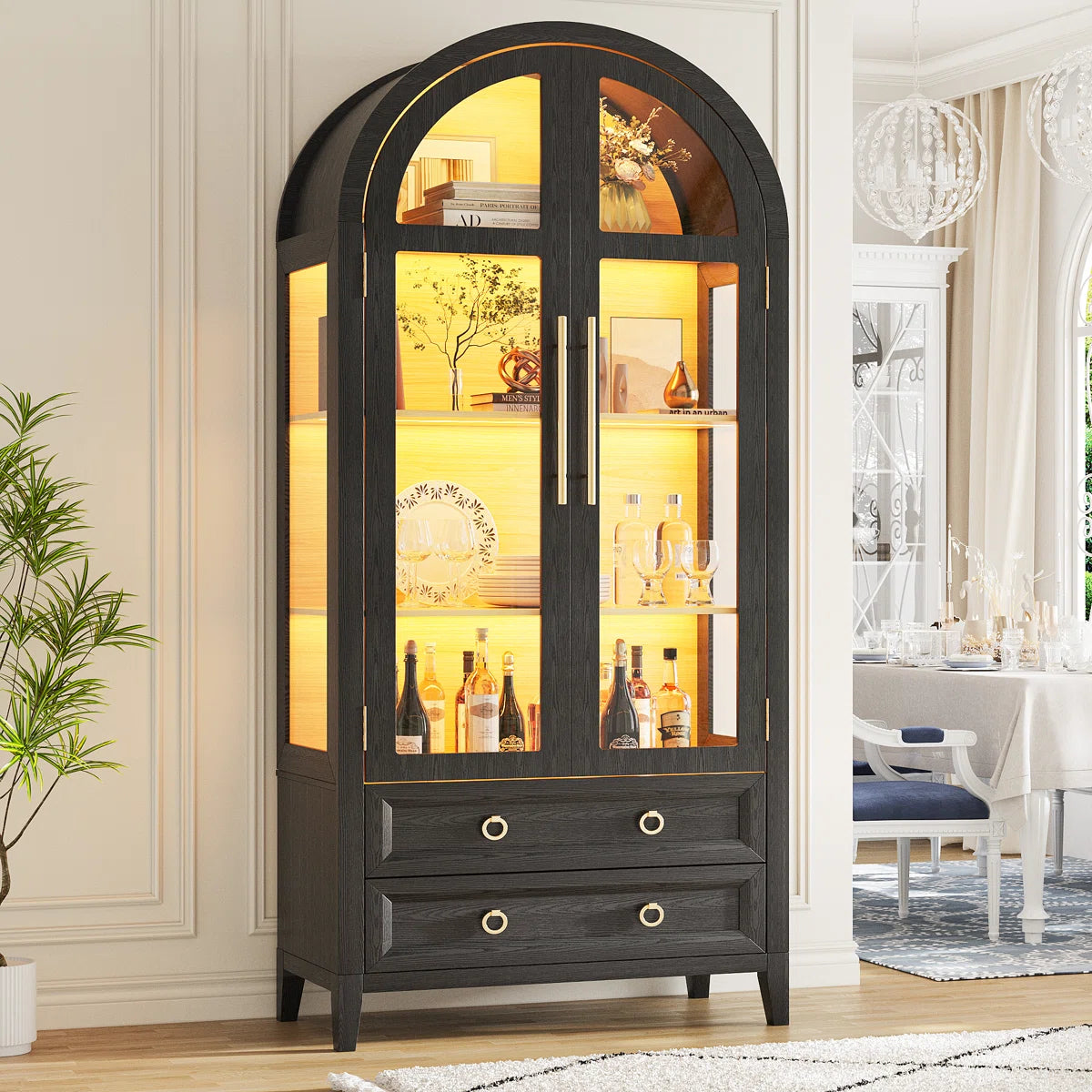 Freestanding Arch Display Cabinet with 3-Color Light Modes and Motion Sensor