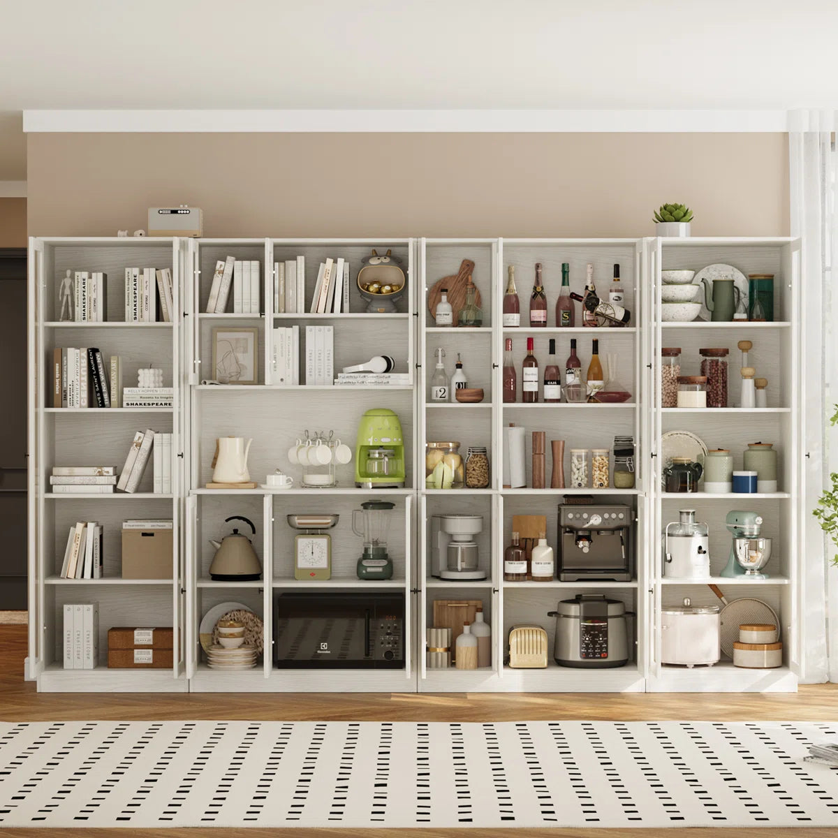 5-Tier Modern Bookshelves With 3 Large Drawer And Glass Door