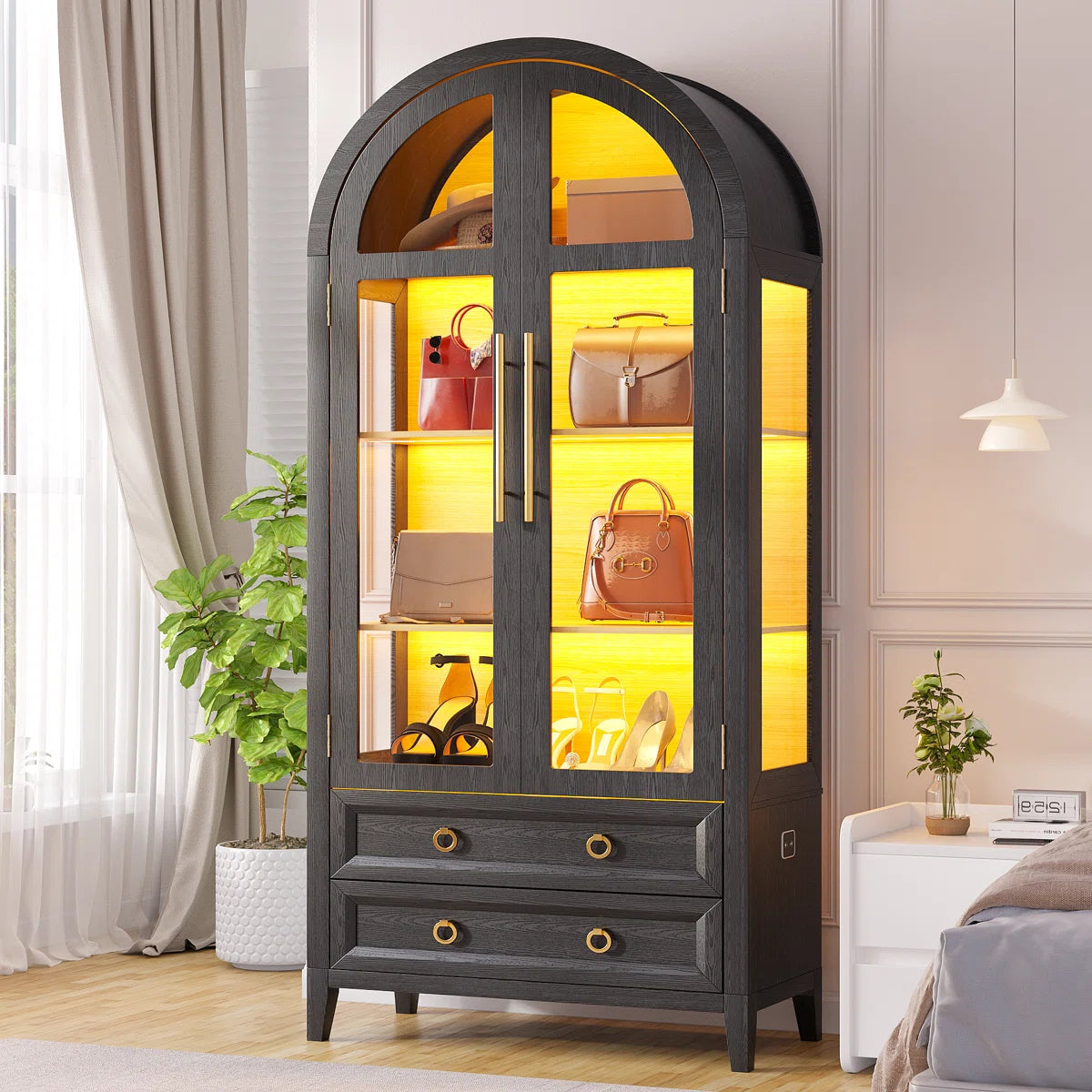 Freestanding Arch Display Cabinet with 3-Color Light Modes and Motion Sensor