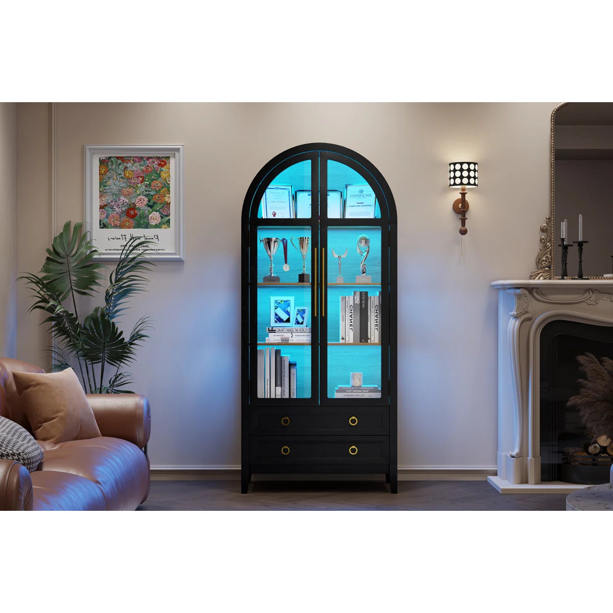 Freestanding Arch Display Cabinet with 3-Color Light Modes and Motion Sensor